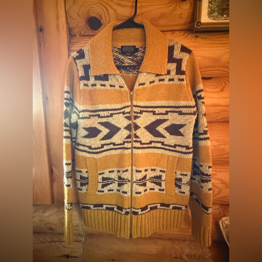 Pendleton Mustard Yellow and Navy Southwestern Zip Cardigan